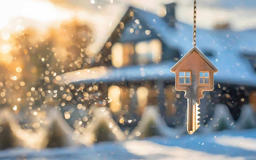 Ein verkaufsfertiges Haus in einer weihnachtlich, winterlichen Landschaft. Wohnungsschlüssel